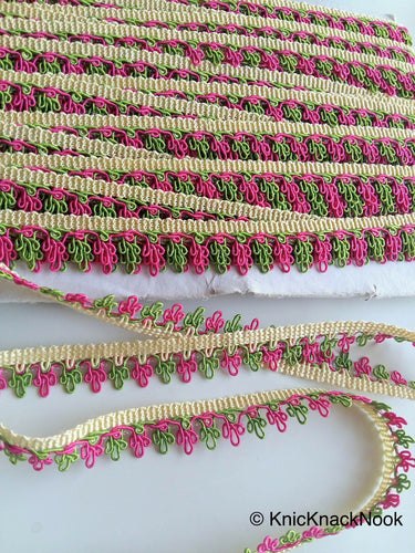 Pink, Green And Beige Thread Embroidered Lace Trim, 16mm wide